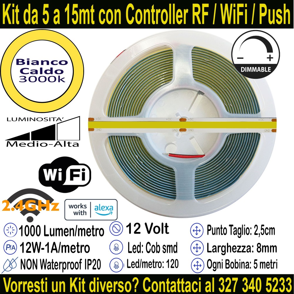 Striscia LED COB Bianco Caldo 3000K 5m 12V 12W/m | IP20 8mm Mod:132
