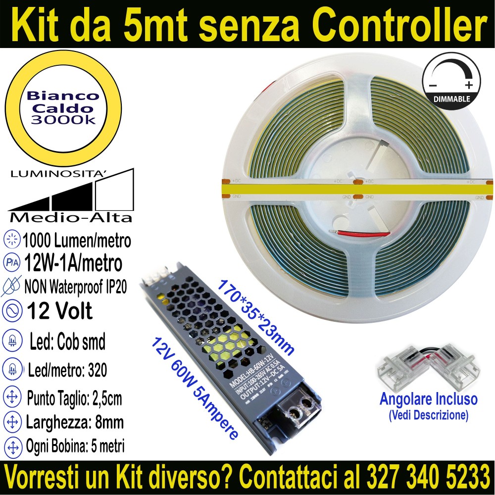 Kit 5m Striscia LED COB Bianco Caldo 3000K 12V 12W/m | IP20 8mm Mod:132