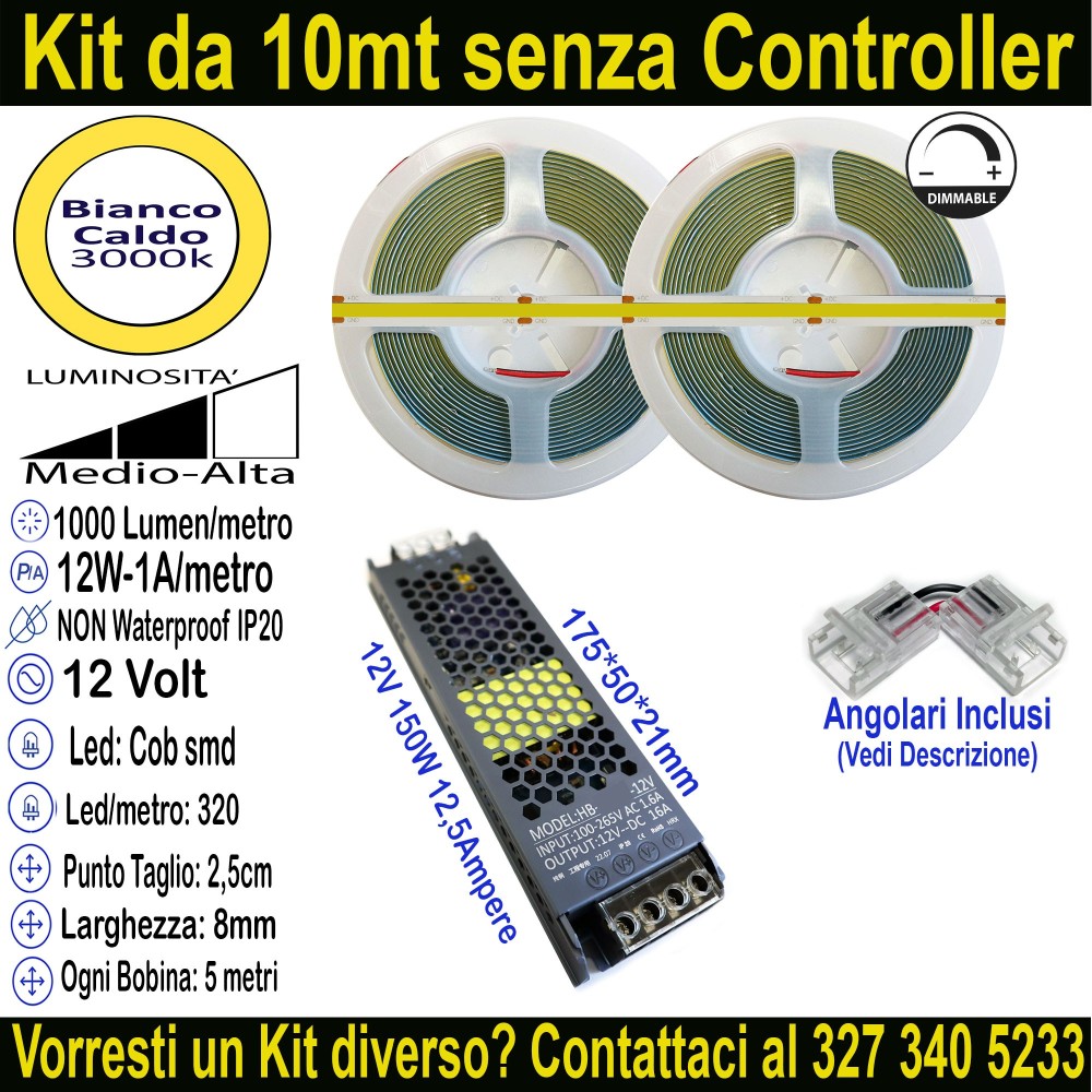 Kit 10m Striscia LED COB Bianco Caldo 3000K 12V 12W/m | IP20 8mm Mod:132