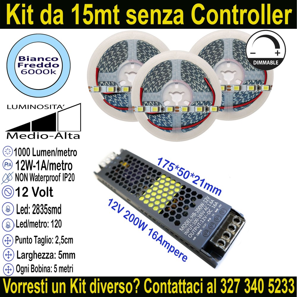 Kit 15m Striscia LED Bianco Freddo 6000K 12V 12W/m | IP20 5mm Mod:160