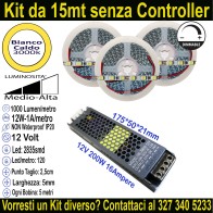 Kit 15m Striscia LED Bianco Caldo 3000K 12V 12W/m | IP20 5mm Mod:162