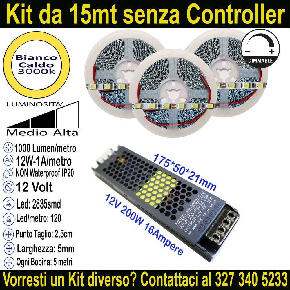 Kit 15m Striscia LED Bianco Caldo 3000K 12V 12W/m | IP20 5mm Mod:162