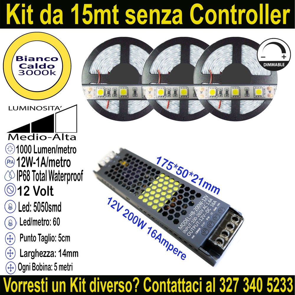 Kit 15m Striscia LED Bianco Caldo 3000K 12V 12W/m | IP68 14mm Mod:93