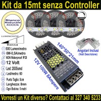 Kit 15m Striscia LED Bianco Naturale 4000K 12V 6W/m | IP20 8mm Mod:01,5
