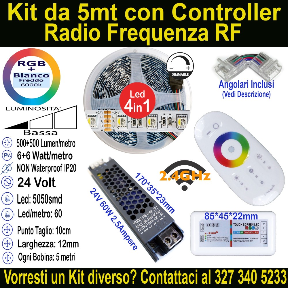 Kit 5m Striscia LED RGB+Bianco Freddo 24V 12W/m | IP20 12mm Mod:152