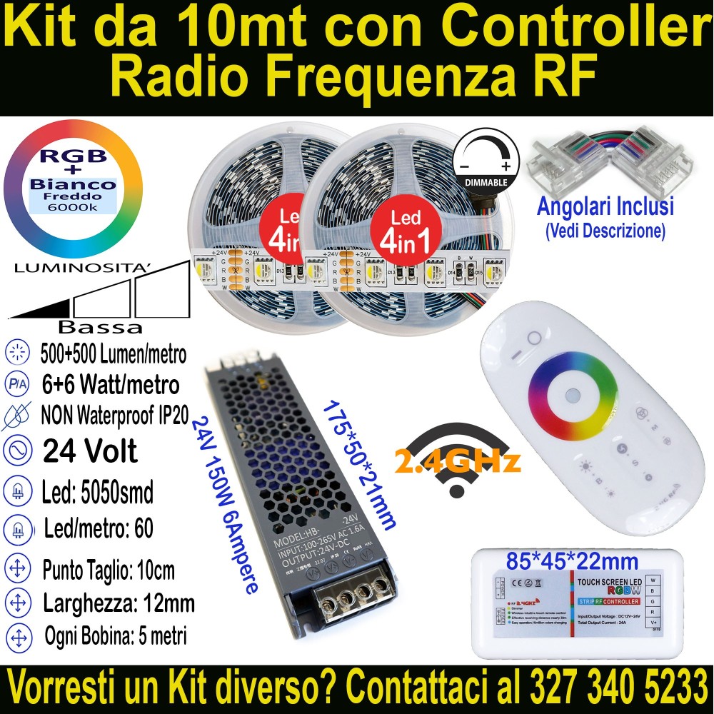 Kit 10m Striscia LED RGB+Bianco Freddo 24V 12W/m | IP20 12mm Mod:152