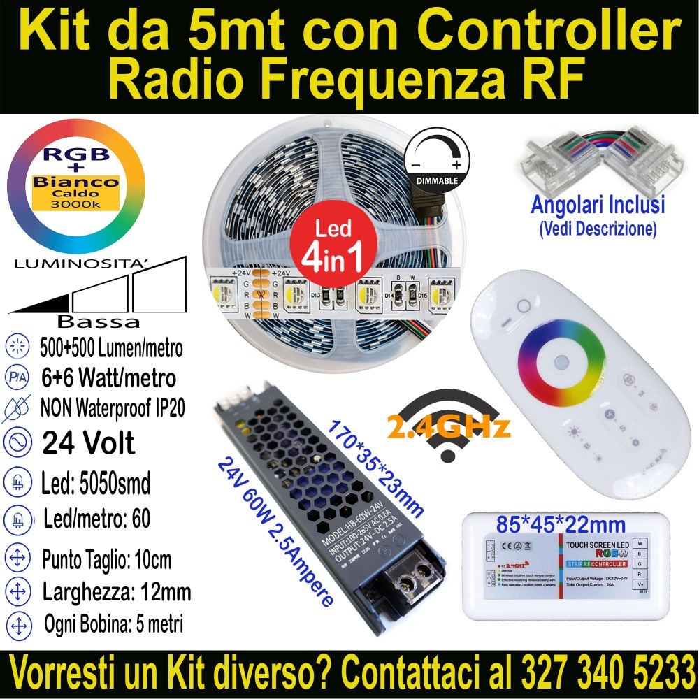 Kit 5m Striscia LED RGB+Bianco Caldo 24V 12W/m | IP20 12mm Mod:153