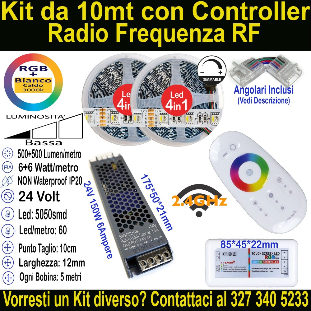 Kit 10m Striscia LED RGB+Bianco Caldo 24V 12W/m | IP20 12mm Mod:153