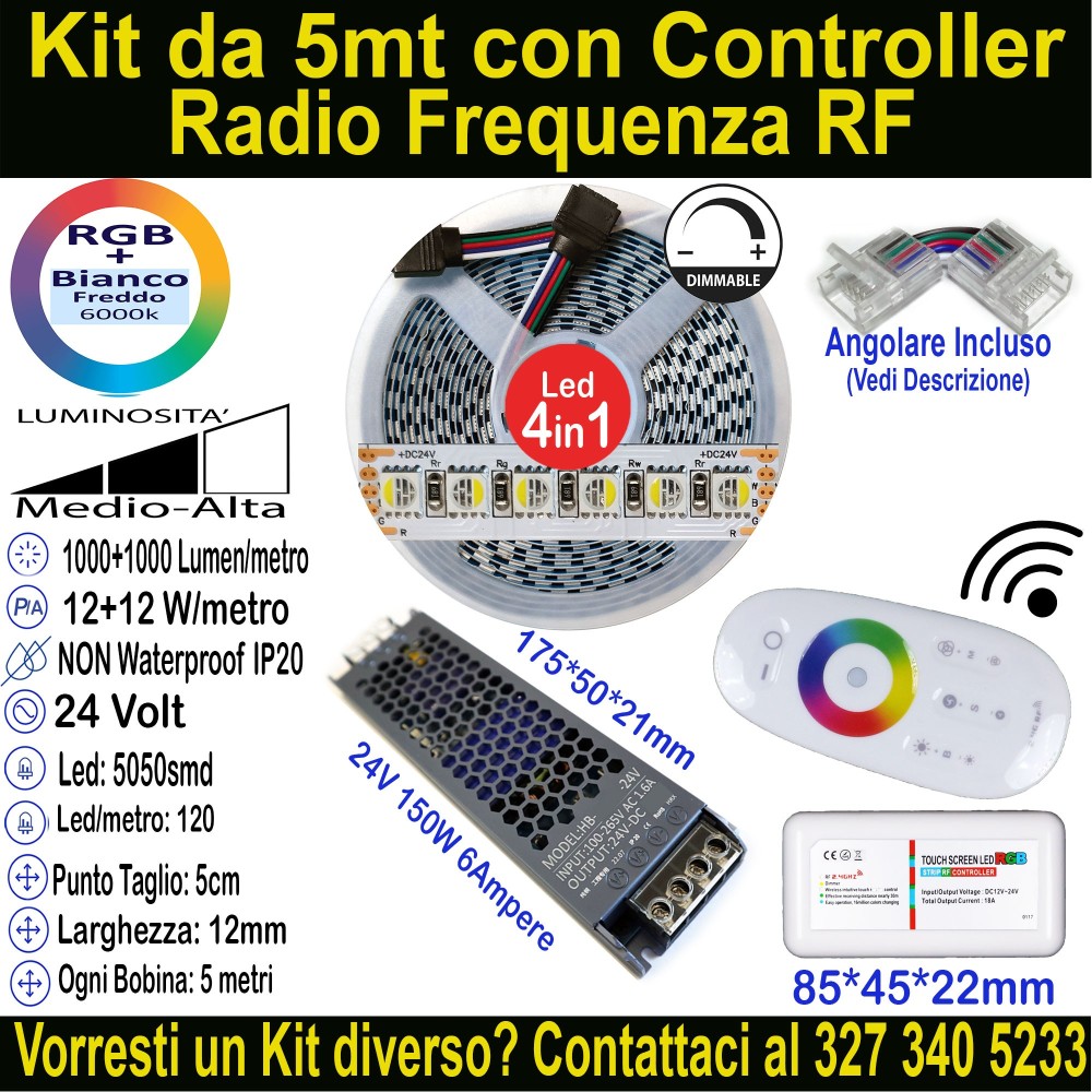 Kit 5m Striscia LED RGB+Bianco Freddo 24V 24W/m | IP20 12mm Mod:154