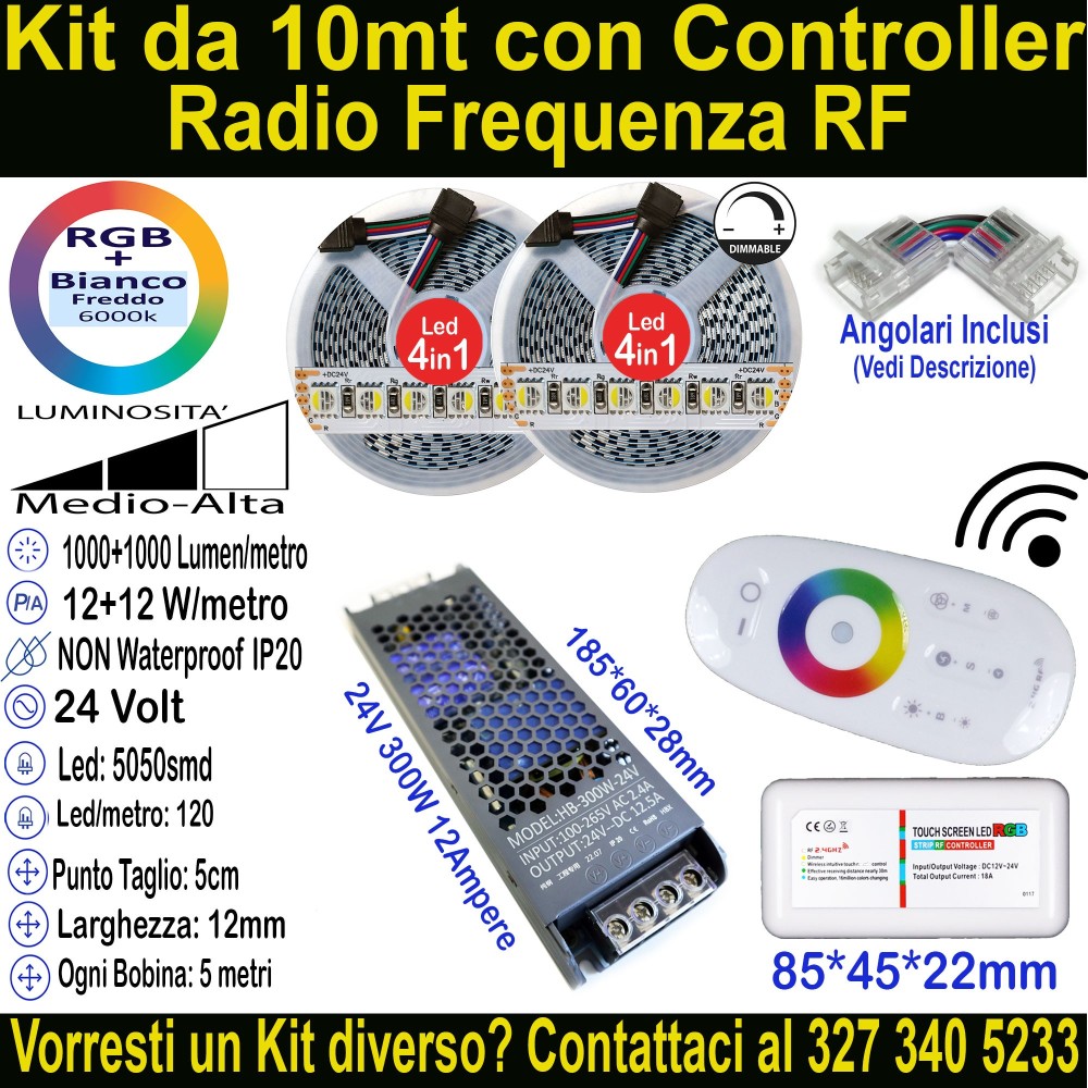 Kit 10m Striscia LED RGB+Bianco Freddo 24V 24W/m | IP20 12mm Mod:154