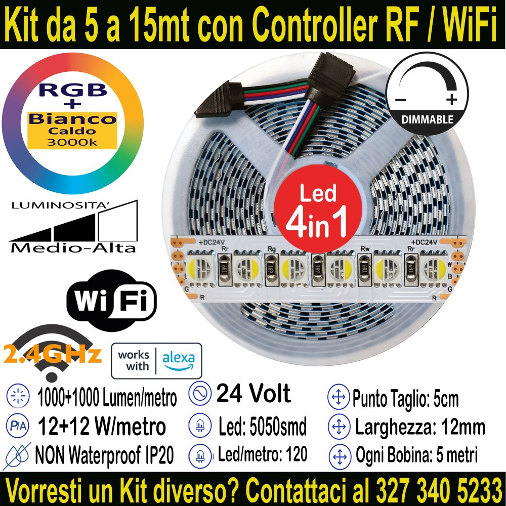 Striscia LED RGB+Bianco Caldo 5m 24V 24W/m | IP20 12mm Mod:155
