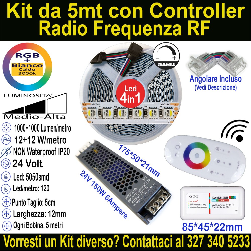 Kit 5m Striscia LED RGB+Bianco Caldo 24V 24W/m | IP20 12mm Mod:155