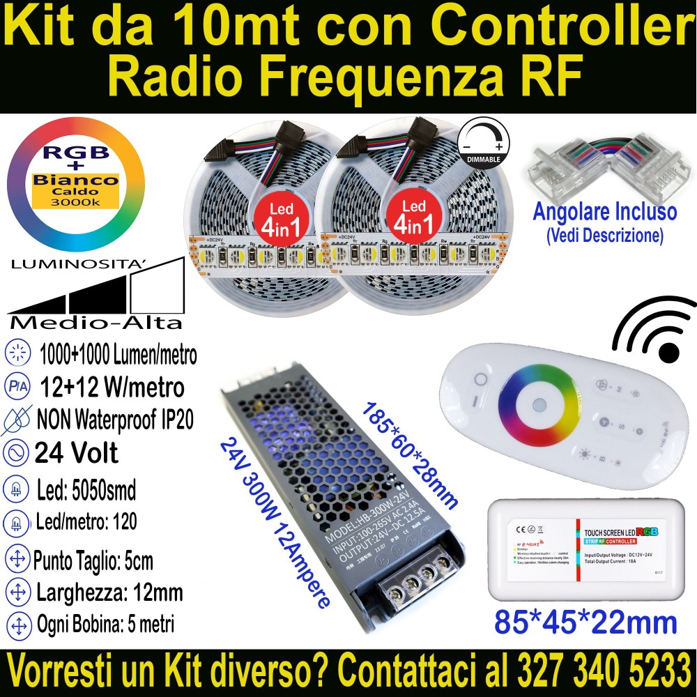 Kit 10m Striscia LED RGB+Bianco Caldo 24V 24W/m | IP20 12mm Mod:155