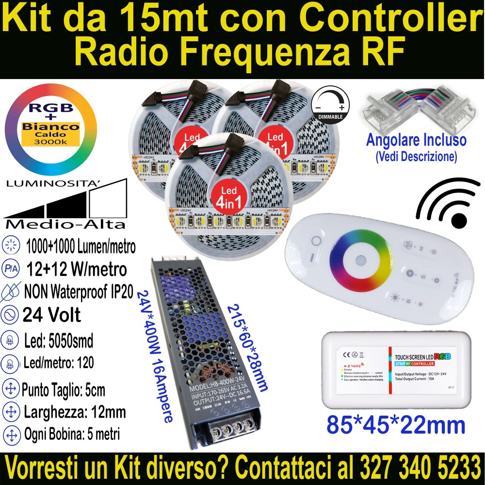 Kit 15m Striscia LED RGB+Bianco Caldo 24V 24W/m | IP20 12mm Mod:155