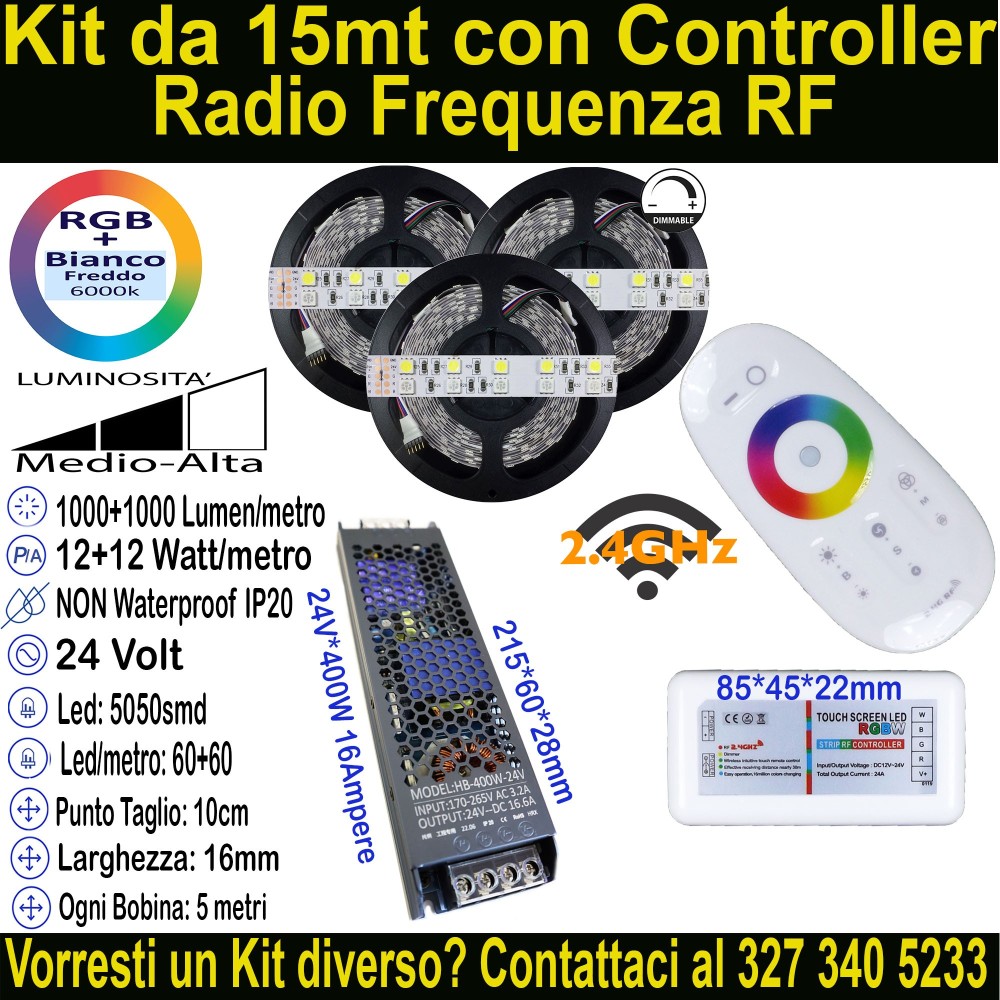 Kit 15m Striscia LED RGB+Bianco Freddo 24V 24W/m Alta Luminosità | IP20 16mm Mod:82