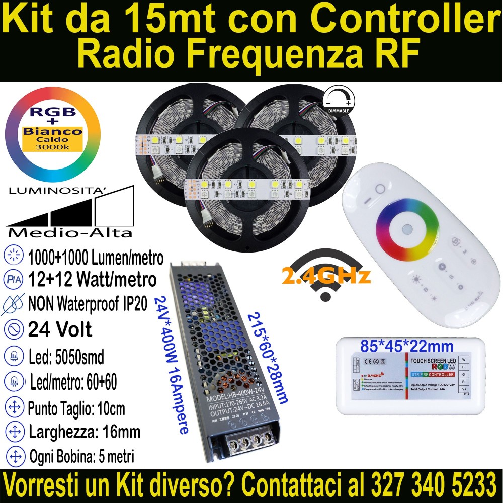 Kit 15m Striscia LED RGB+Bianco Caldo 24V 24W/m | IP20 16mm Mod:88