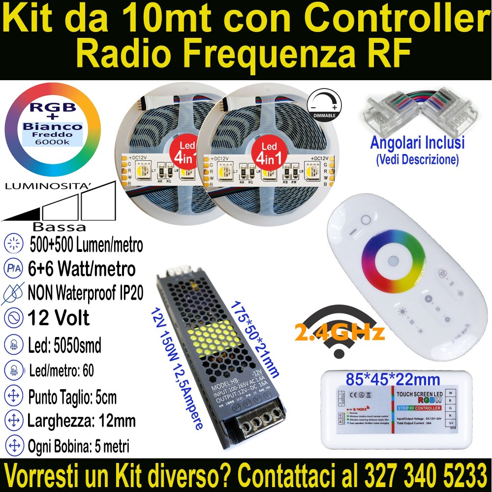 Kit 10m Striscia LED RGB+Bianco Freddo 12V 12W/m | IP20 12mm Mod:150
