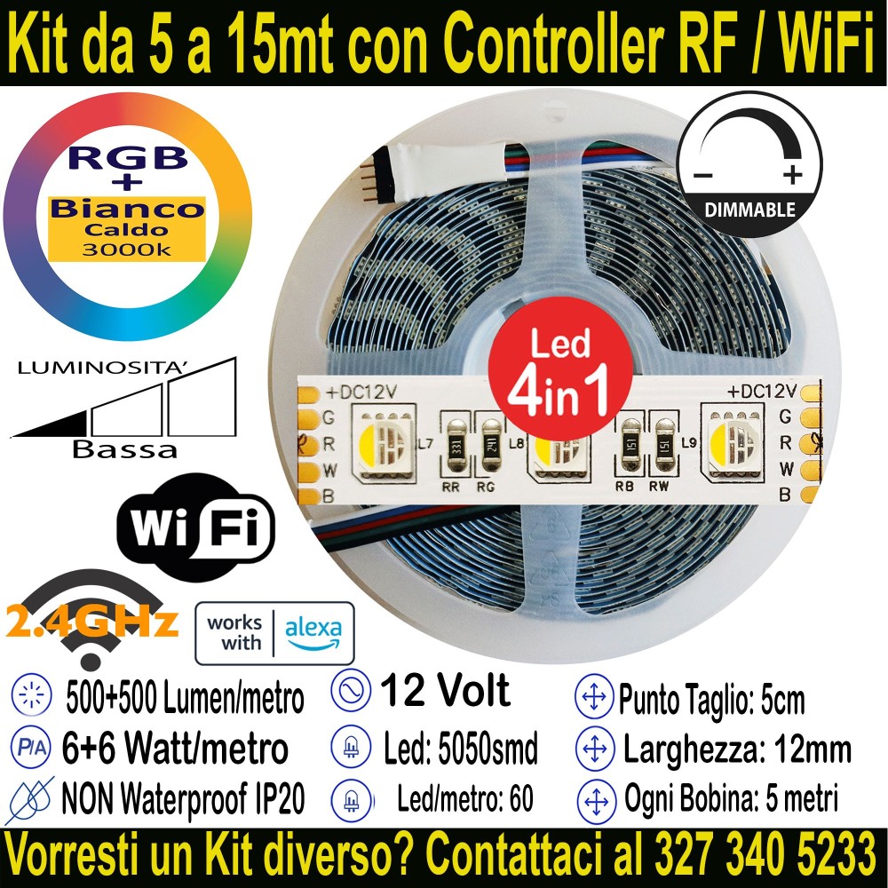 Striscia LED RGB+Bianco Caldo 5m 12V 12W/m | IP20 12mm Mod:151