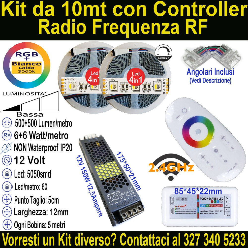 Kit 10m Striscia LED RGB+Bianco Caldo 12V 12W/m | IP20 12mm Mod:151