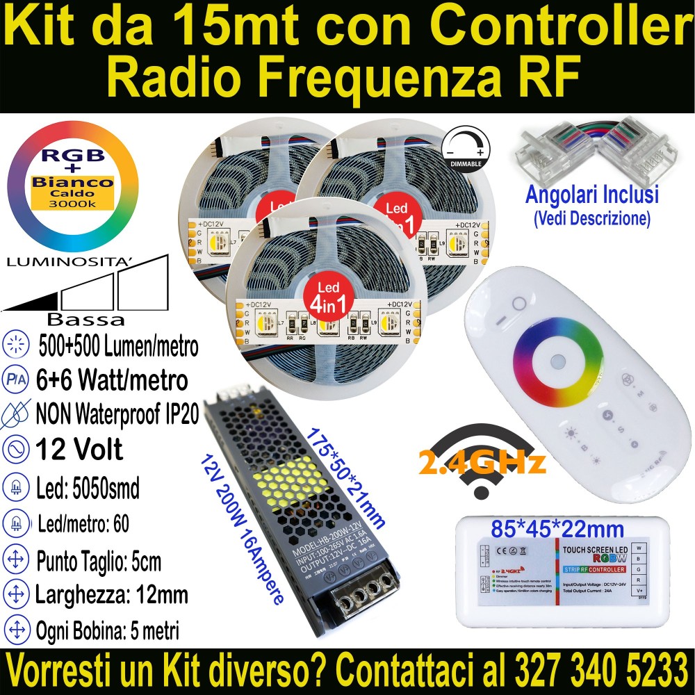 Kit 15m Striscia LED RGB+Bianco Caldo 12V 12W/m | IP20 12mm Mod:151