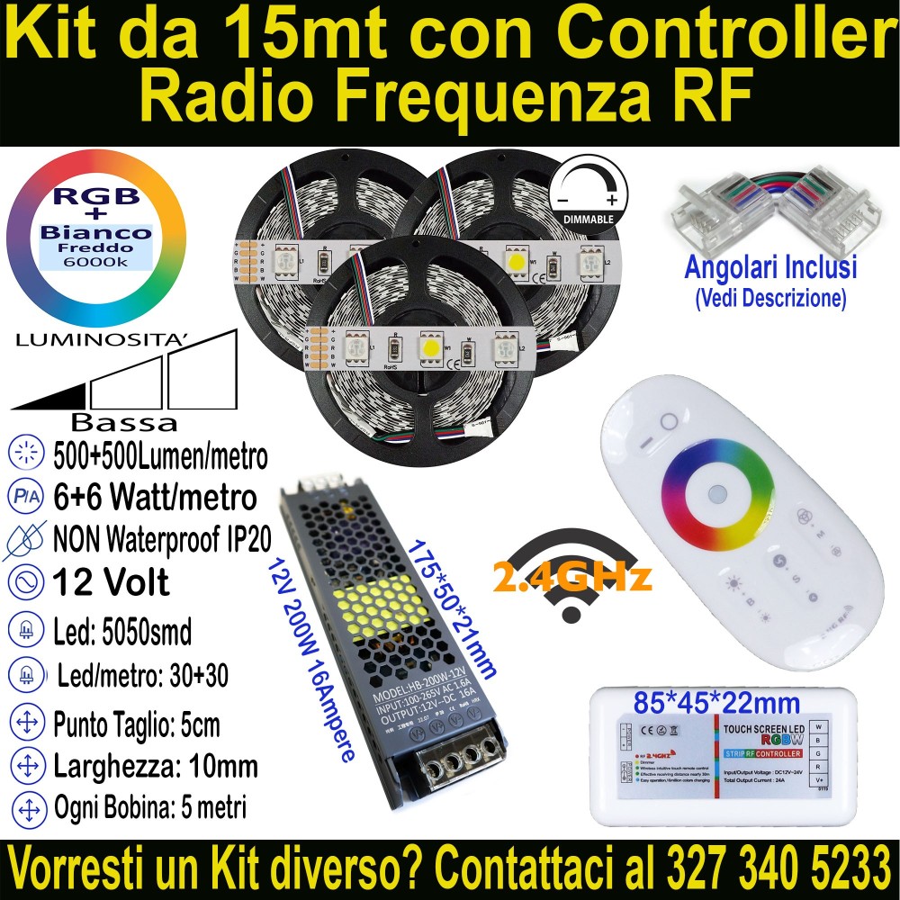 Kit 15m Striscia LED RGB+Bianco Freddo 12V 12W/m | IP20 Mod:54