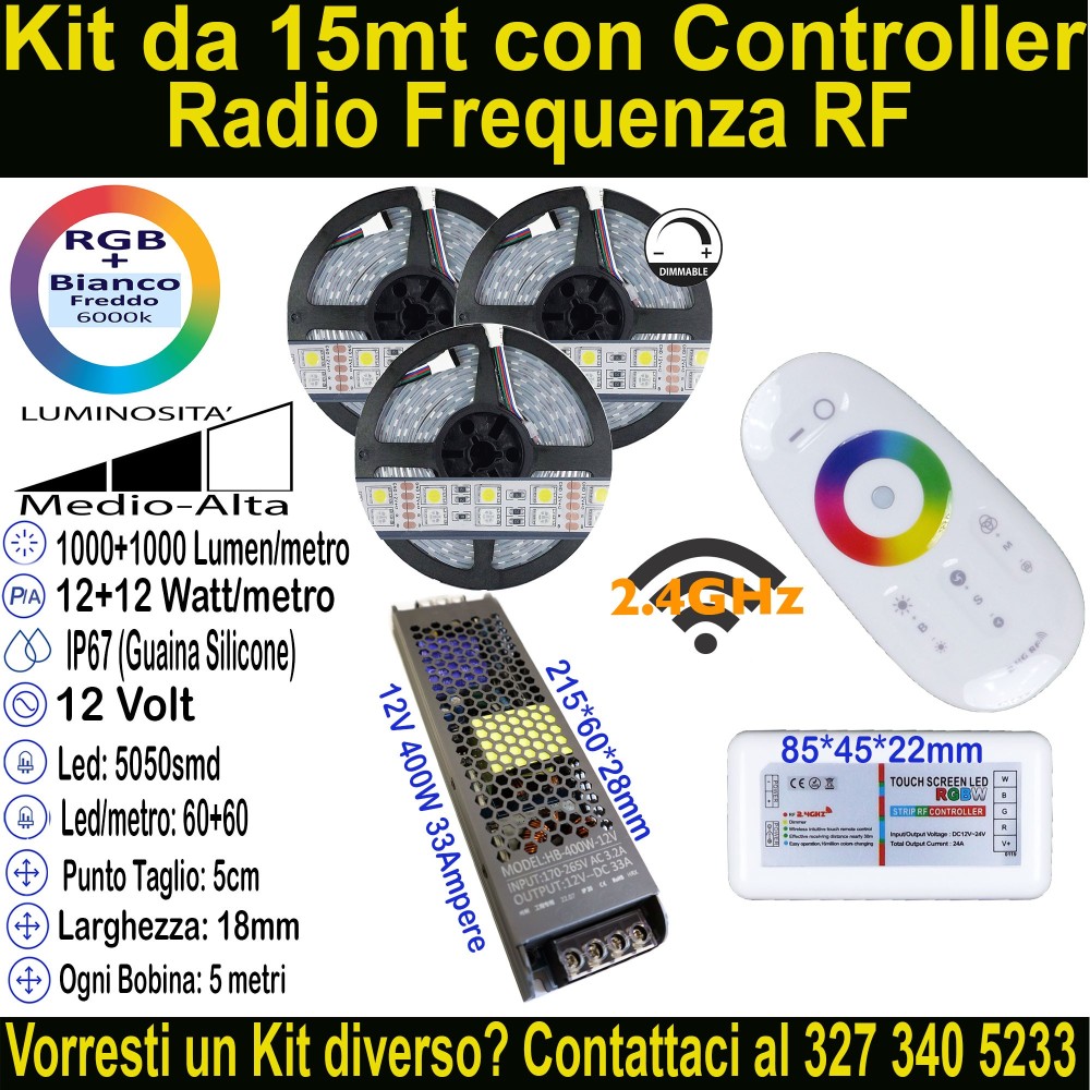 Kit 15m Striscia LED RGB+Bianco Freddo 12V 24W/m | IP67 18mm Mod:57