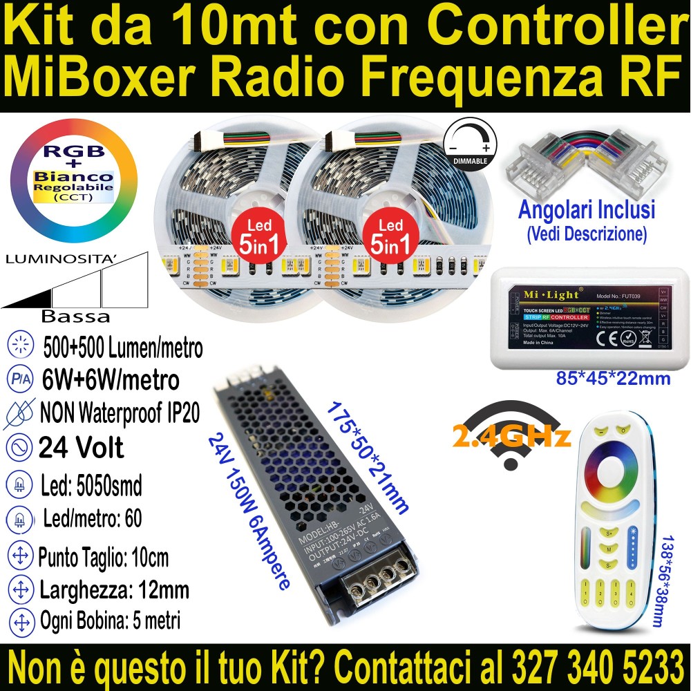 Kit 10m Striscia LED RGB+Bianco Dinamico 24V 12W/m | IP20 12mm Mod:156