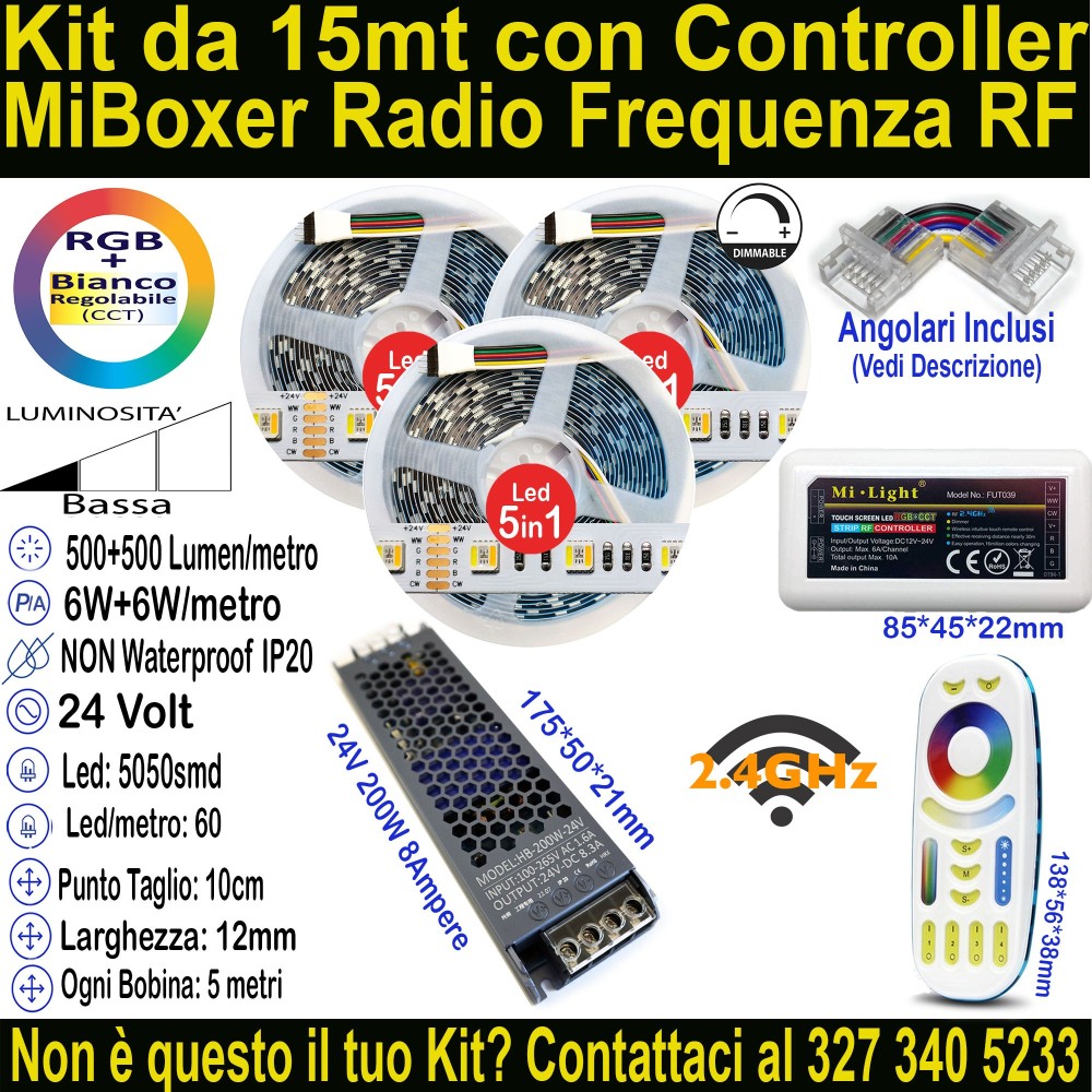 Kit 15m Striscia LED RGB+Bianco Dinamico 24V 12W/m | IP20 12mm Mod:156