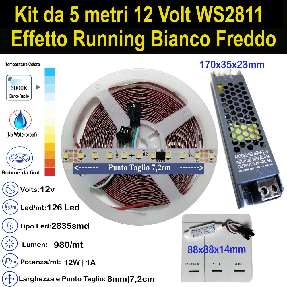 Kit Striscia LED Indirizzabile 5m Bianco WS2811 12V | Effetto Running
