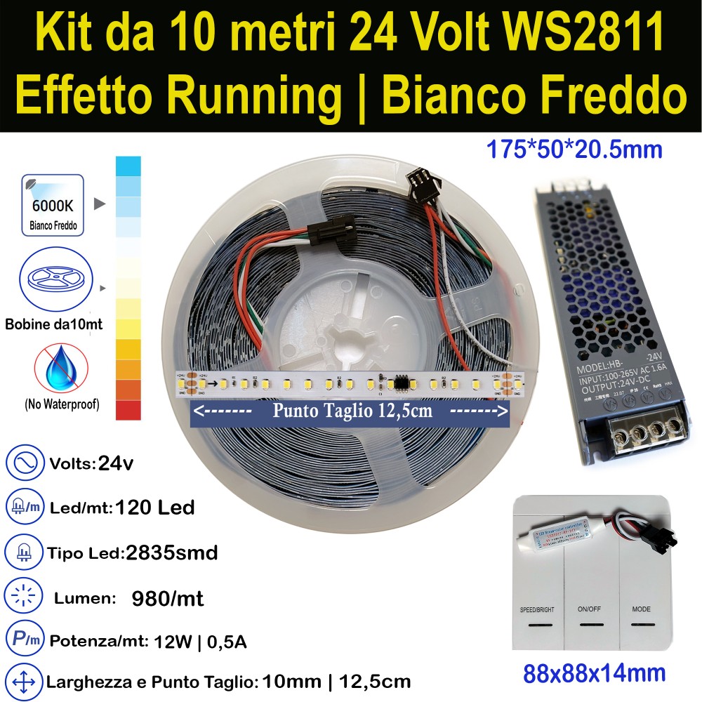 Kit Striscia LED Indirizzabile 10m Bianco WS2811 24V | Effetto Running
