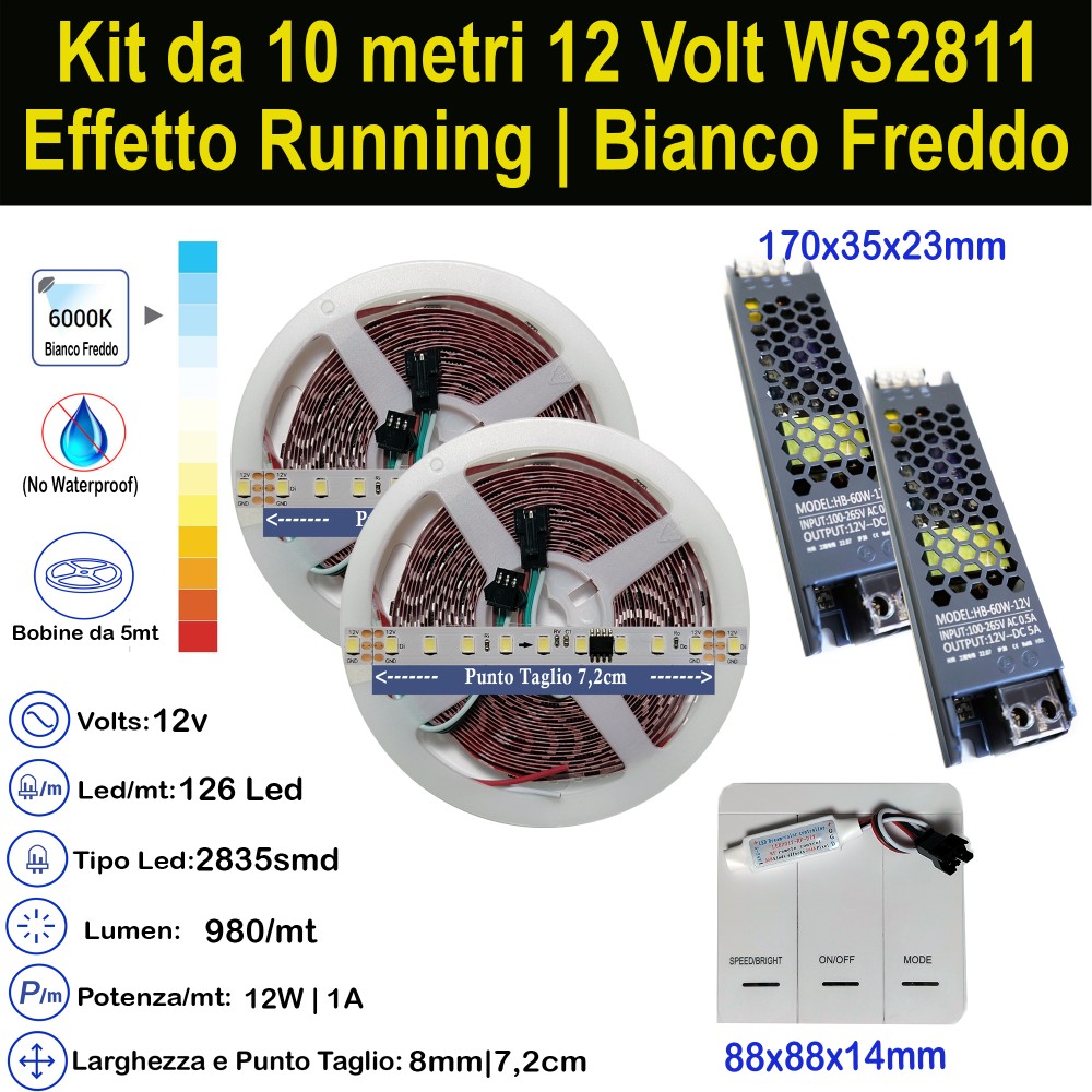 Kit Striscia LED Indirizzabile 10m Bianco WS2811 12V | Effetto Running