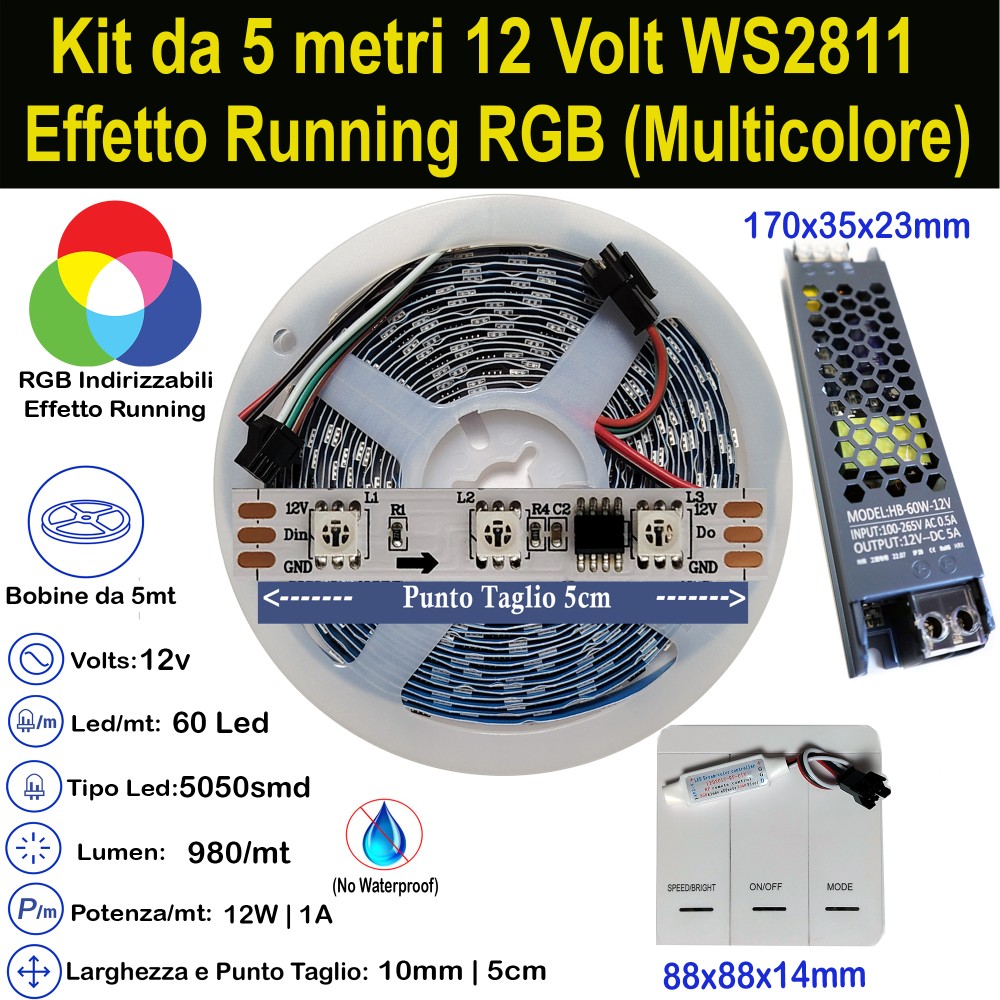 Kit Striscia LED Indirizzabile 5m RGB WS2811 12V | 12W/m