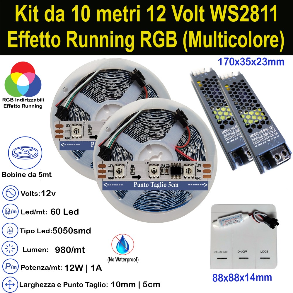 Kit Completo Striscia LED Indirizzabile 10m RGB WS2811 12V | 12W/m