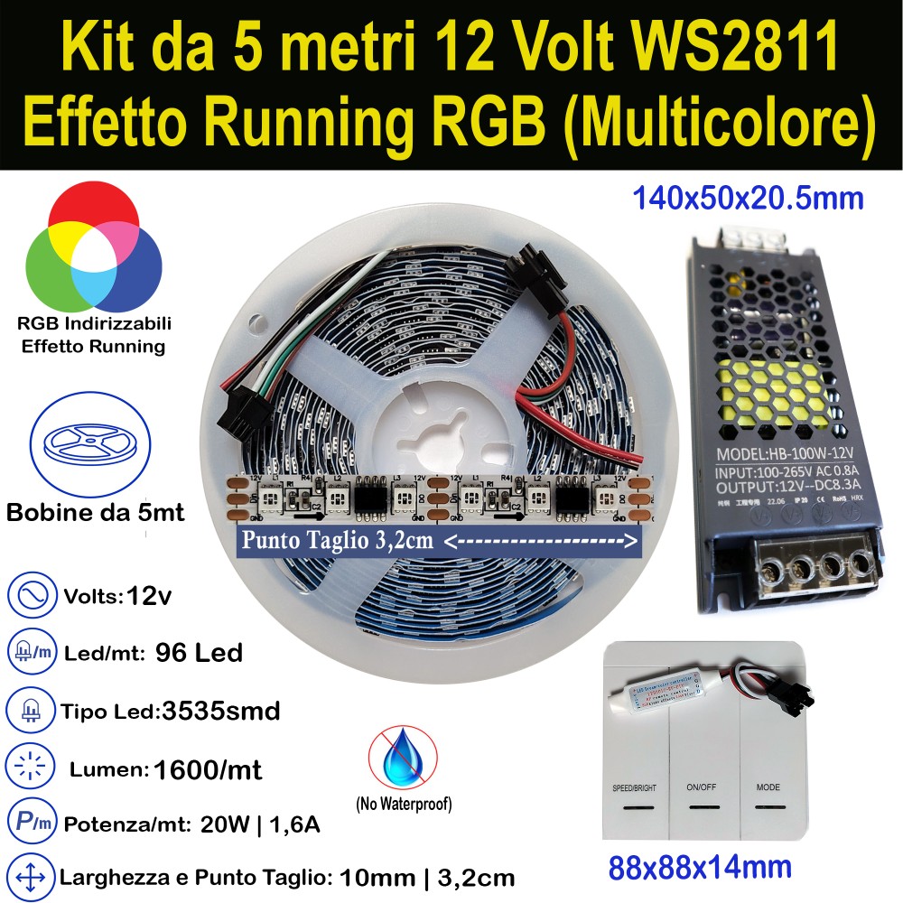 Kit Striscia LED Indirizzabile 5m RGB WS2811 12V | Effetti Running Light 20W/m