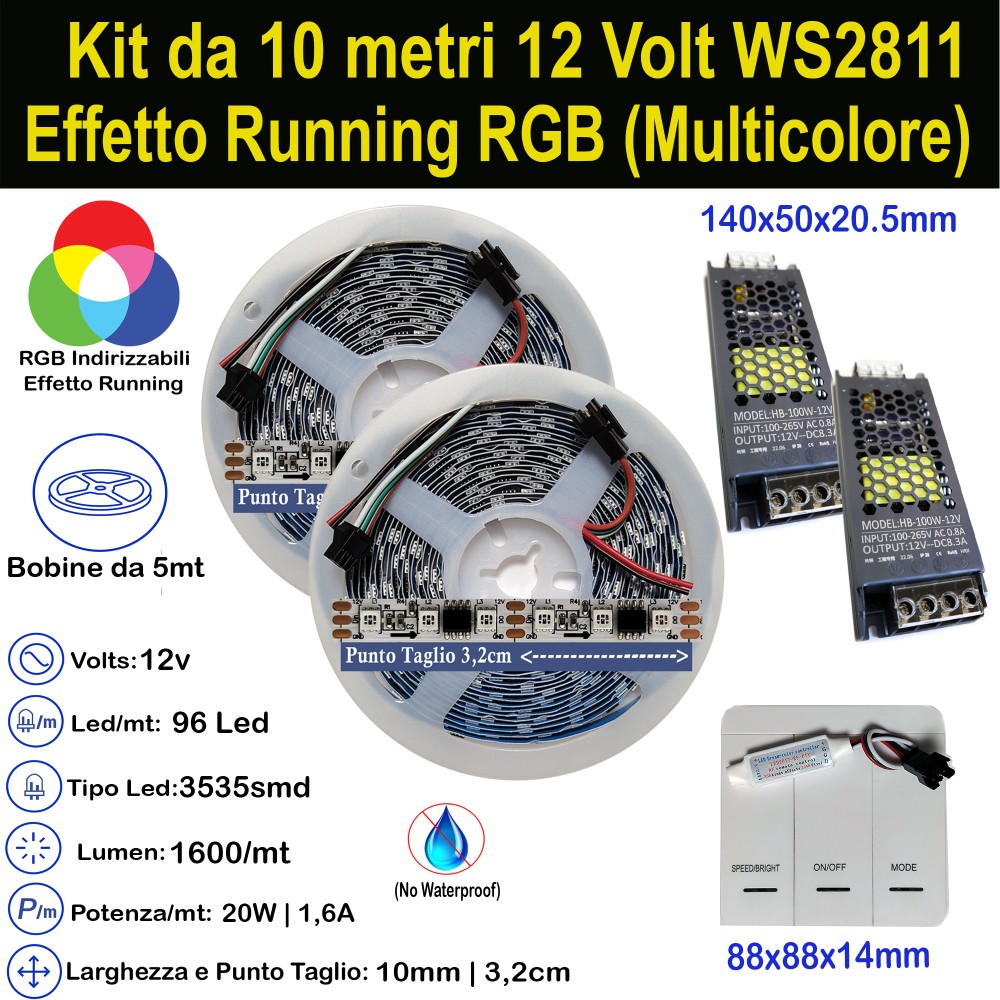 Kit Completo Striscia LED Indirizzabile 10m RGB WS2811 12V | Effetti Running Light