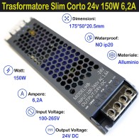 Trasformatore Slim Corto 24v 150w per Strisce, Strip Led Adattatore, Alimentatore Stabilizzato