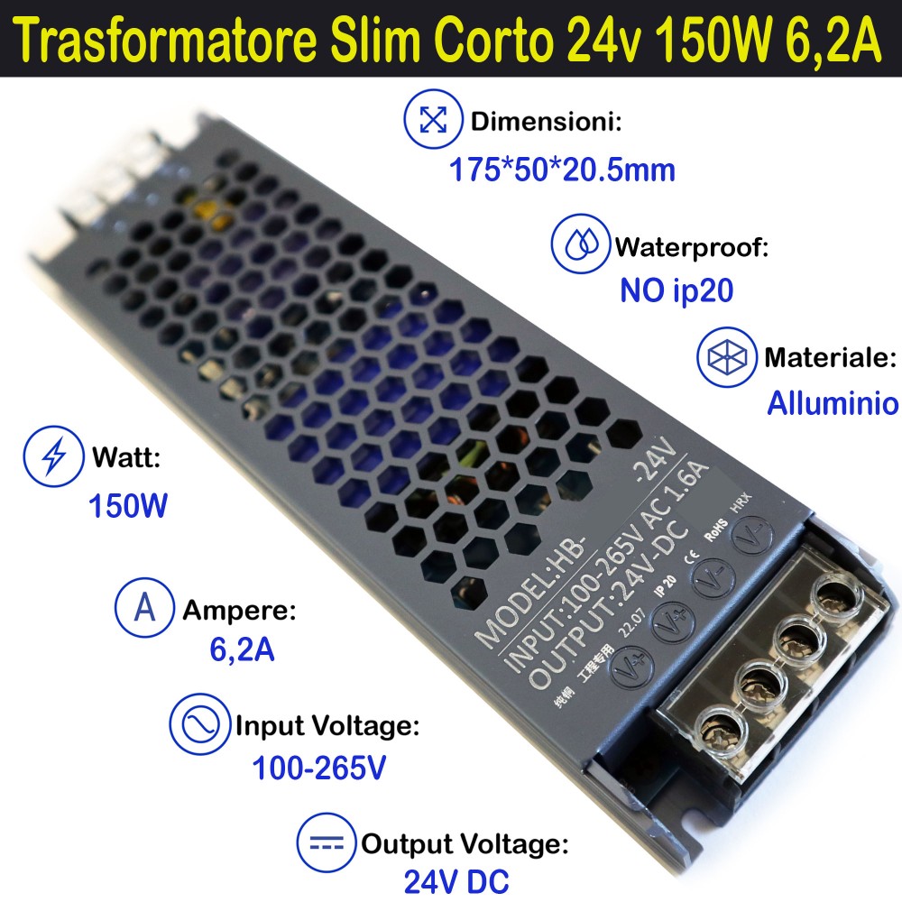 Trasformatore Slim Corto 24v 150w per Strisce, Strip Led Adattatore, Alimentatore Stabilizzato